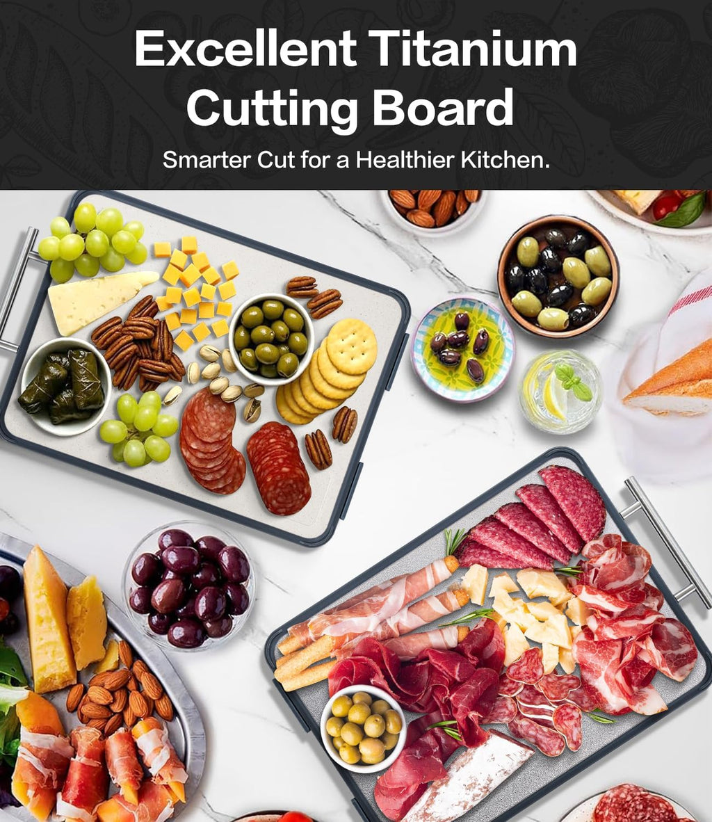 Titanium Cutting Board - Double-Sided Food-Grade Board with Stand | Textured Titanium for Meat & PP for Veggies (14.5” x 11”)