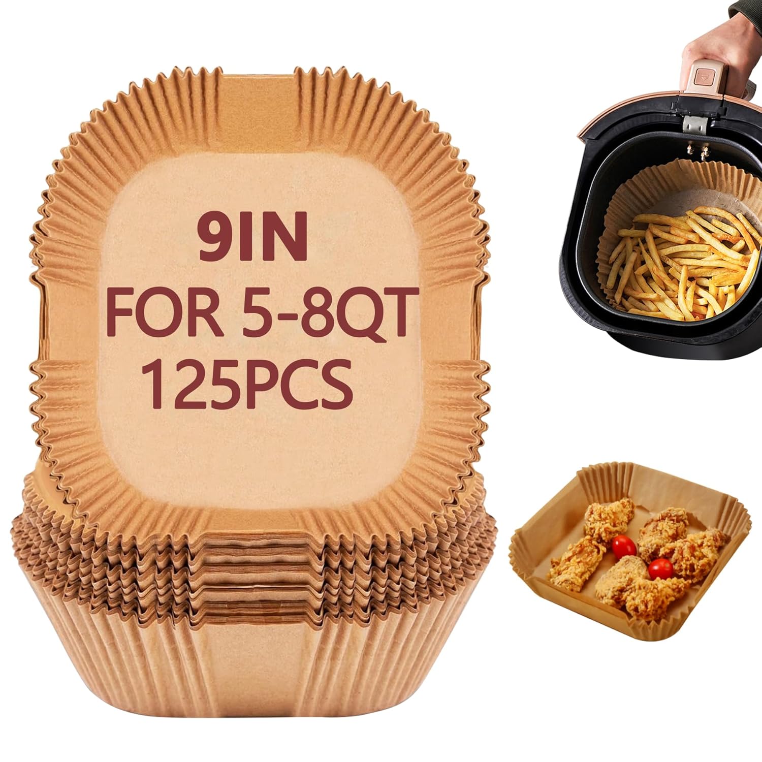 Skiennix 9-Inch Air Fryer Liners - 125 Pack Non-Stick Parchment Paper Sheets for Healthy Cooking
