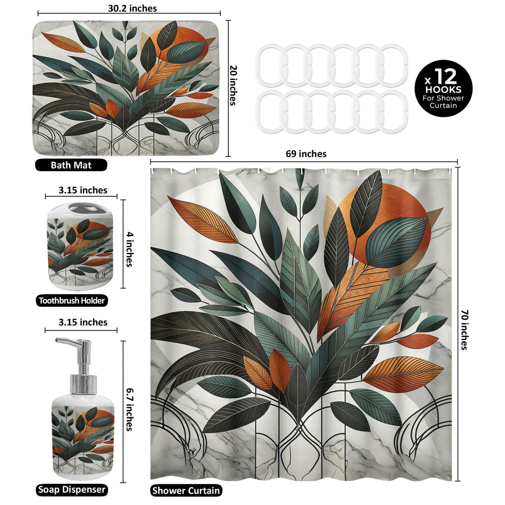 Ambesonne Boho Bathroom Decor Set 4 Pcs, Shower Curtain Bath Mat Soap Dispenser Toothbrush Holder in a Gift Box Essentials and Accessories, Mid Century Exotic Leaf, Orange Laurel Green Grey