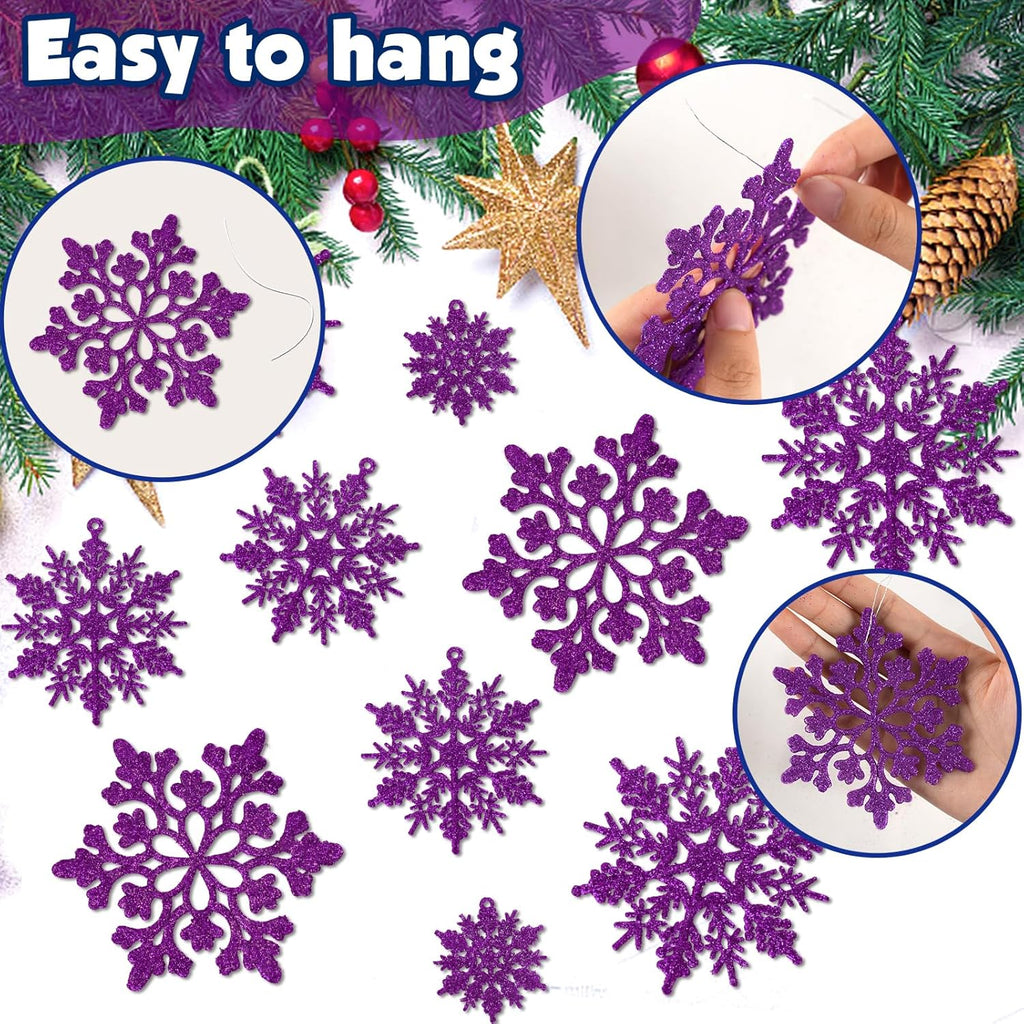 Skiennix 36pcs Christmas Deep Purple Snowflake Ornaments - Plastic Hanging Decor for Winter Wonderland