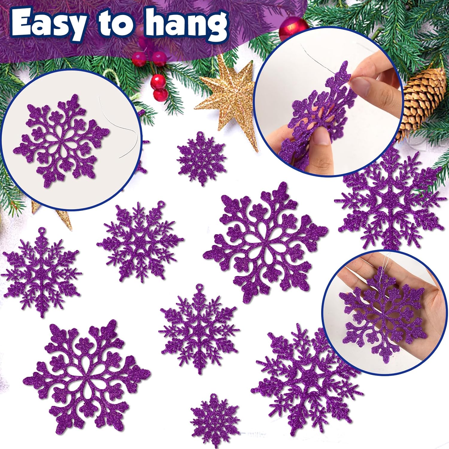 Skiennix 36pcs Christmas Deep Purple Snowflake Ornaments - Plastic Hanging Decor for Winter Wonderland