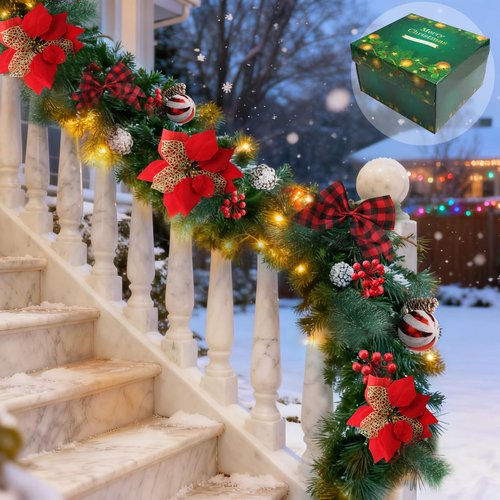 9FT Christmas Garland with 100 Lights Battery Operated,Artificial Prelit Garlands with Red Balls,Pine Cones,Cedar Branches,Christmas Decorations for Stairs Outdoor Indoor Holiday Home Fireplace Decor