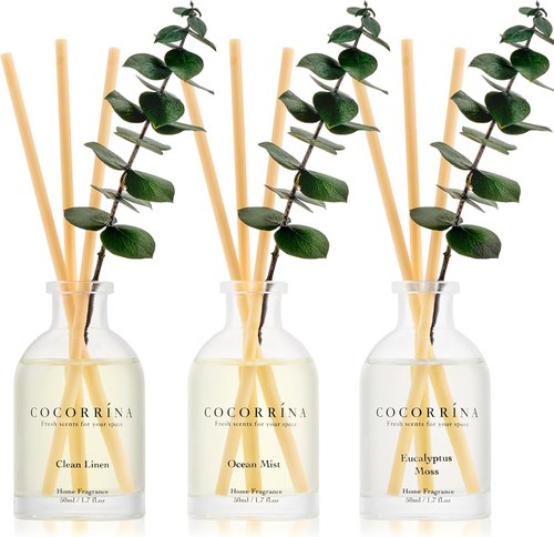 COCORRÍNA Eucalyptus Reed Diffuser Set - 3 Invigorating Scents: Eucalyptus & Moss, Clean Linen, Ocean Mist | 5.1 oz Total