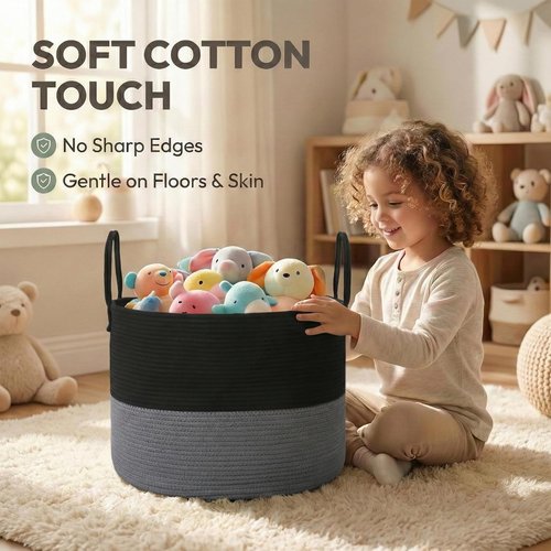 JMvicyroam 65L Extra Large Blanket Basket - Woven Cotton Rope Laundry Hamper with Reinforced Handles | Black & Grey