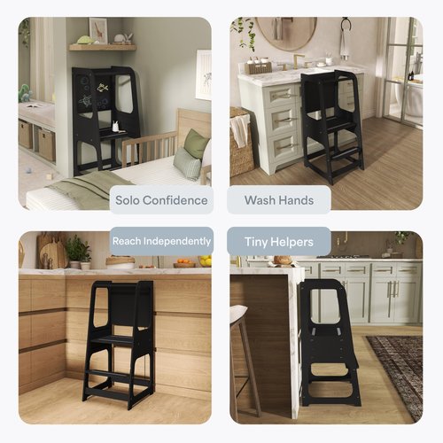 Dream On Me Explora Tower & Step Stool in Black – Solid Pinewood Kids Tower with 3 Adjustable Heights, Anti-Slip Base, Chalkboard for Creative Play