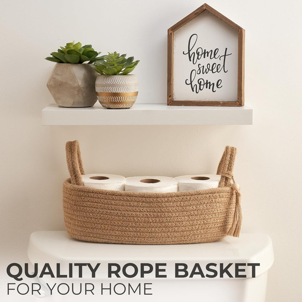 Skiennix Decorative Toilet Paper Basket - Stylish Bathroom Organizer for Tank Storage | Boho Jute Cotton Rope with Tassel