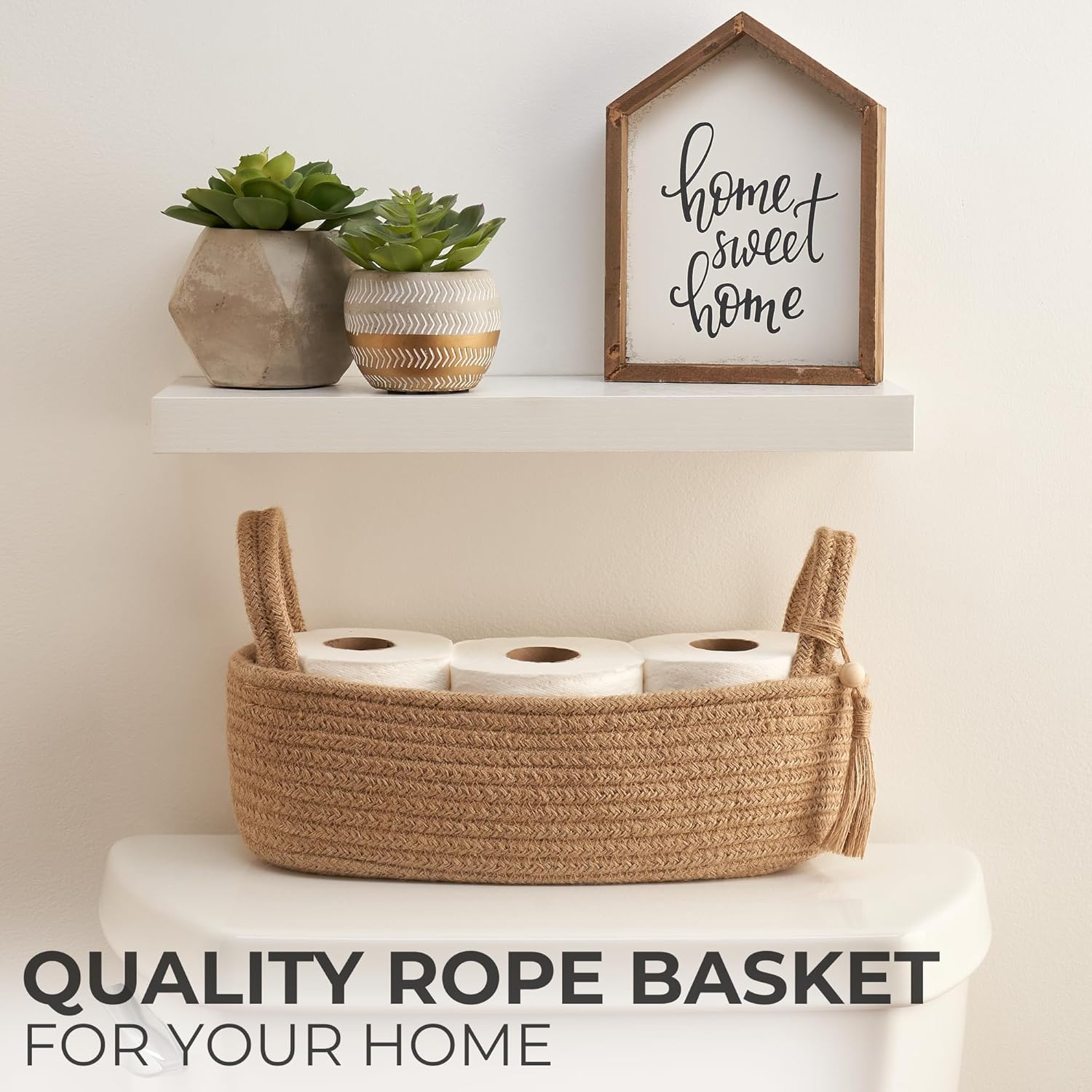 Skiennix Decorative Toilet Paper Basket - Stylish Bathroom Organizer for Tank Storage | Boho Jute Cotton Rope with Tassel