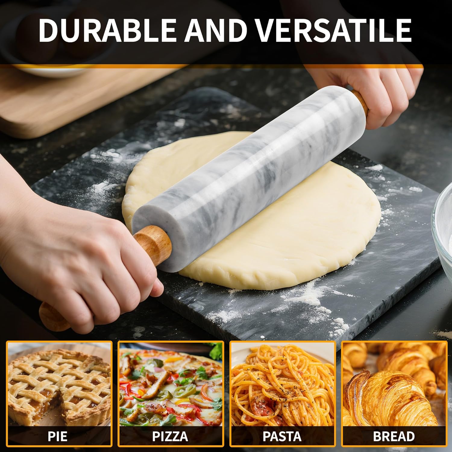 Skiennix Marble Rolling Pin - 16.7 Inches with Wooden Handles & Cradle | Ideal for Pizza Dough, Pasta, Cookies & More!
