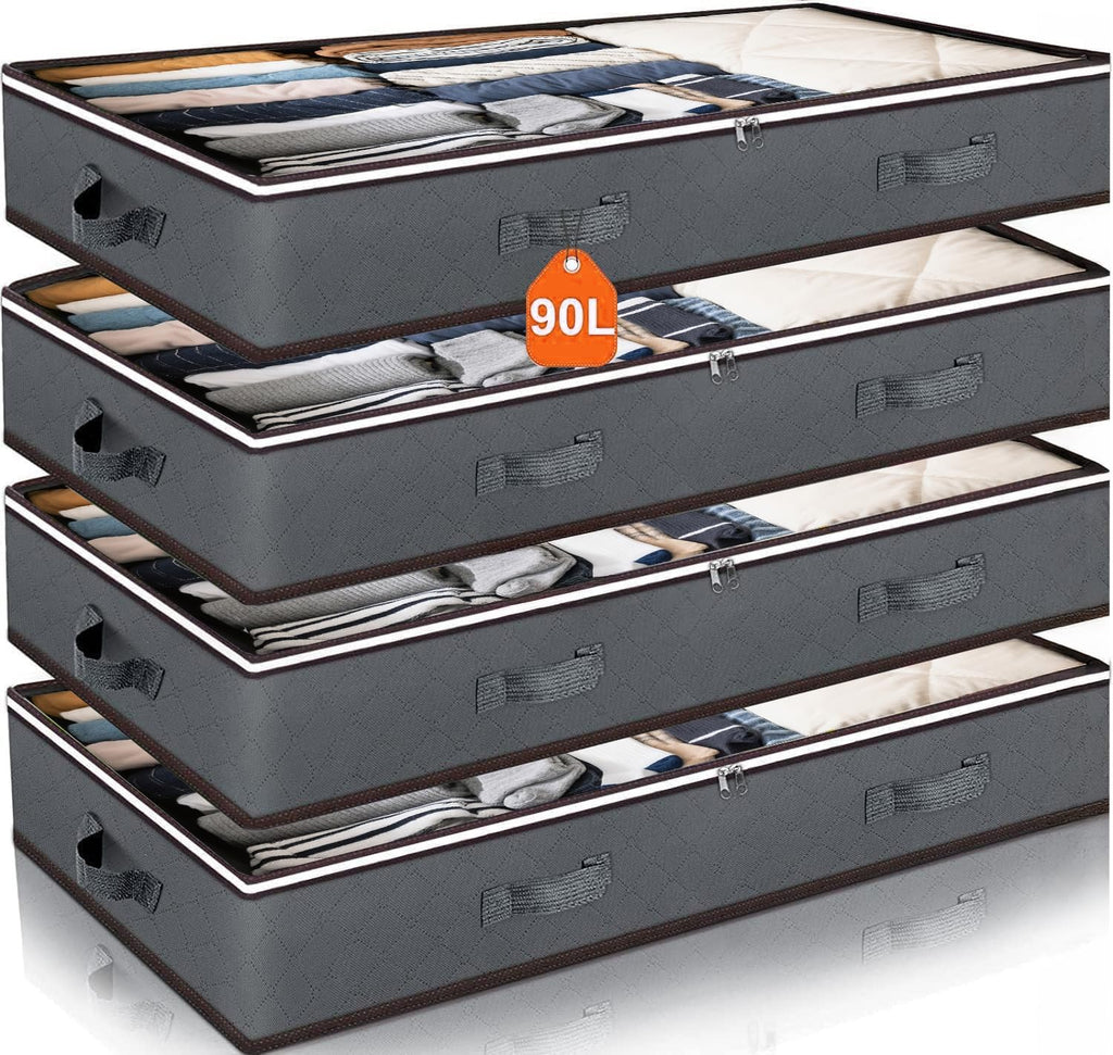 90L Under Bed Storage Containers by [Brand Name] - Foldable Organizers for Blankets & Towels | Grey, 4 Pack