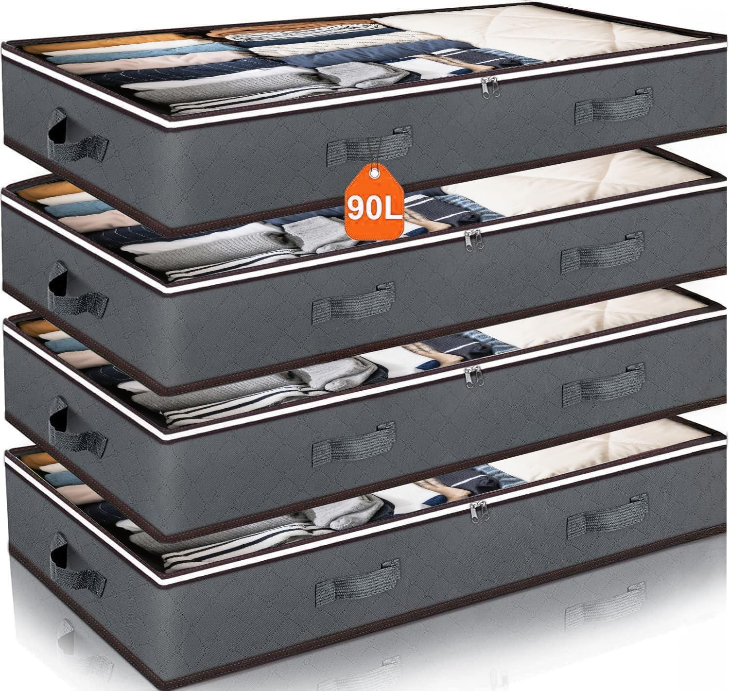 90L Under Bed Storage Containers by [Brand Name] - Foldable Organizers for Blankets & Towels | Grey, 4 Pack