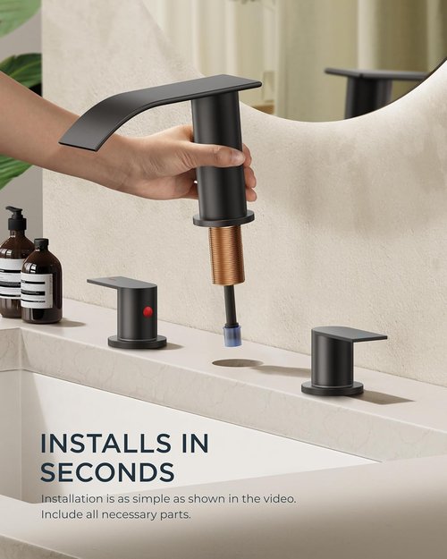 FORIOUS Black Square Bathroom Faucet - Waterfall Design with Metal Pop-Up Drain & Supply Lines | 3 Hole, Two Handles