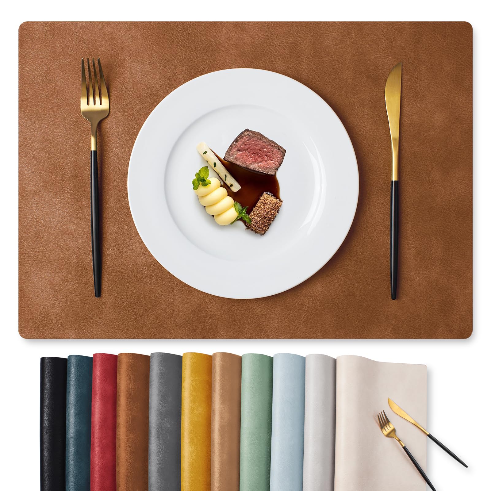 MOSAYT Vinyl Placemats Set of 8-12 X 17 Inch - Faux Leather 100% Waterproof Oil-Proof Wipeable PU Place Mats, Heat Resistant Reversible Table Mats for Kitchen, Dining, Outdoor (Reddish Brown)