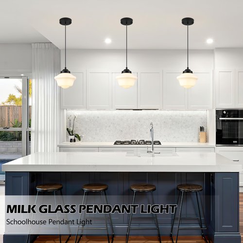 AyshwillDec Black Schoolhouse Light Fixture 8" Milk Glass Pendant Light Schoolhouse Pendant Light Milk Glass Light Fixture Mid Century Pendant Light for Bedroom Bathroom Kitchen Hallway (Bulb Incl.)