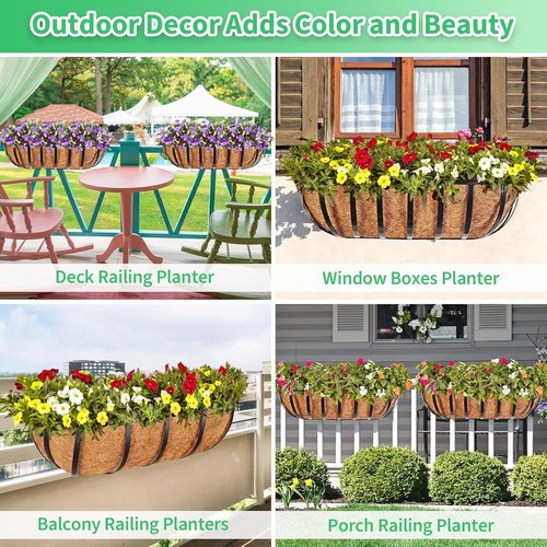Legigo 16-Inch Window Box Planters - 2 Pack Metal Railing Planters with Coconut Liners for Outdoor Use