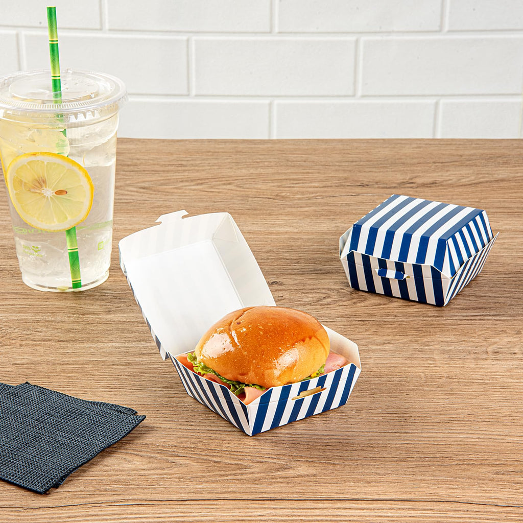 Restaurantware 2.8 x 2.8 x 2 Inch Mini Burger Boxes 100 Clamshell Food Containers - Hinged Lid Striped Blue And White Paper Take Out Boxes Serve Sliders Or Finger Foods