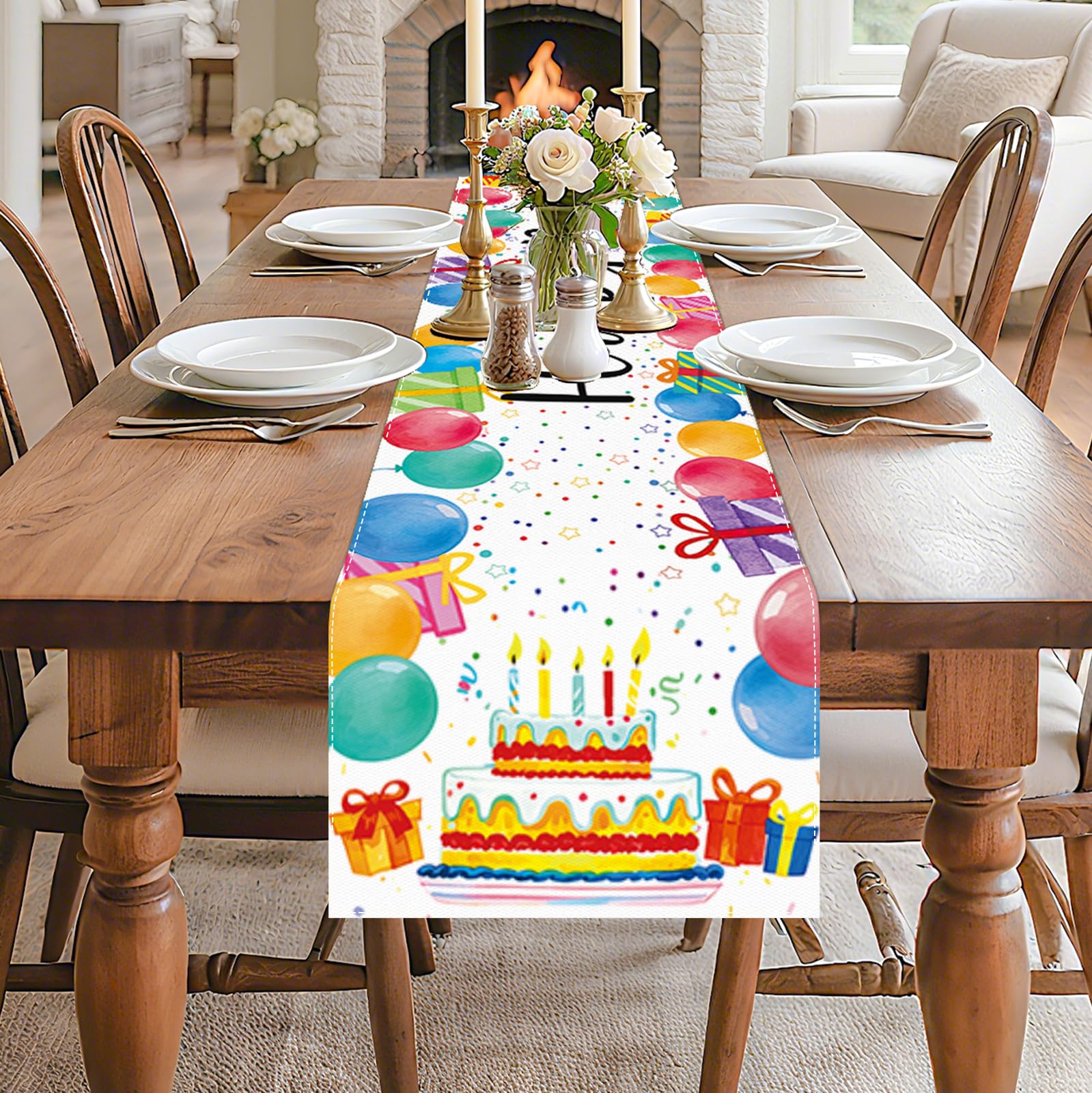 White Happy Birthday Table Runner, Colorful Balloon Kitchen Dining Table Decoration Festive Balloon Design for Birthday Party Decor 13x72 Inch