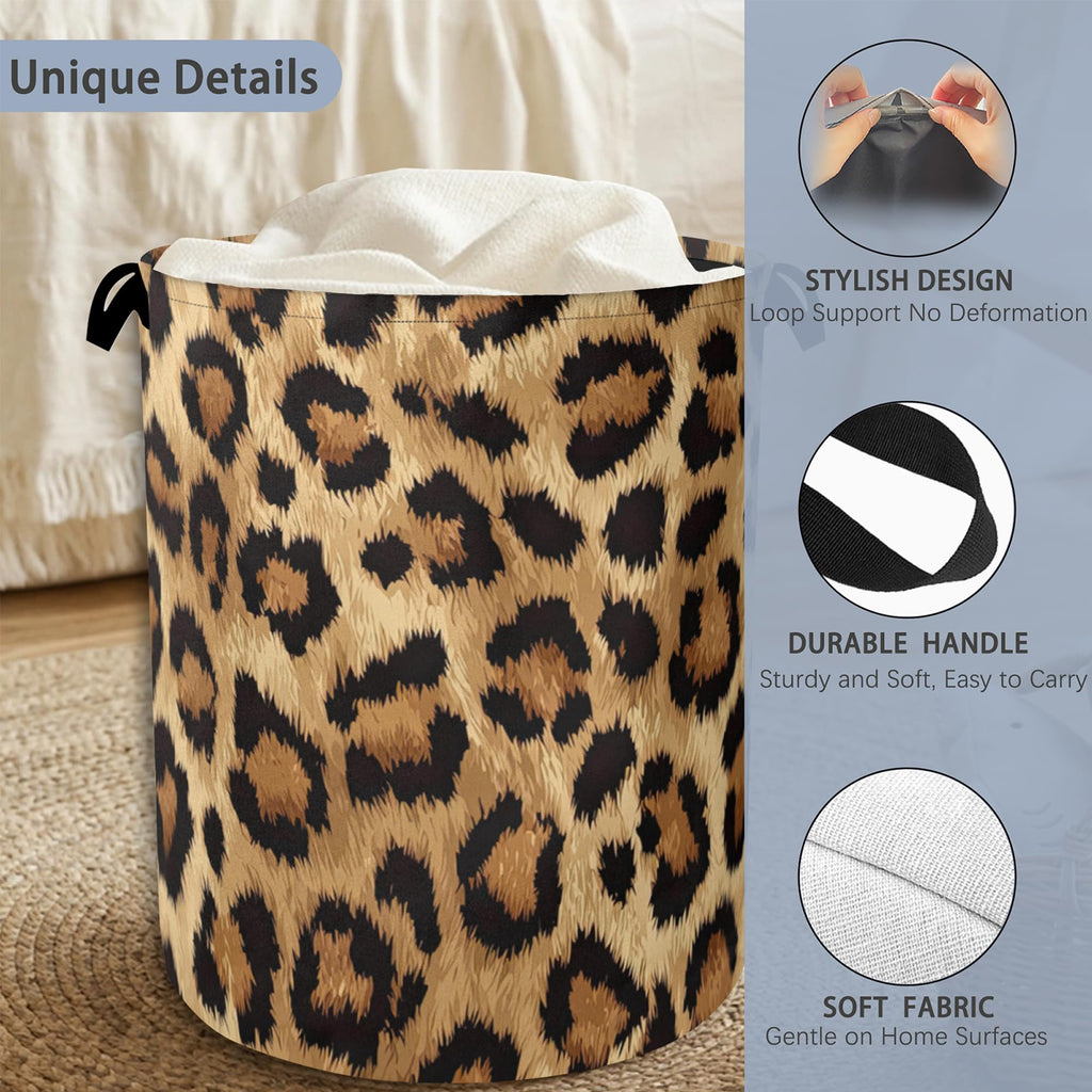 Brown Leopard Laundry Basket,Foldable with Handles Tote Bag Oxford Cloth for Bathroom Bedroom Dirty Clothes Storage Bucket 16" x 20.8"
