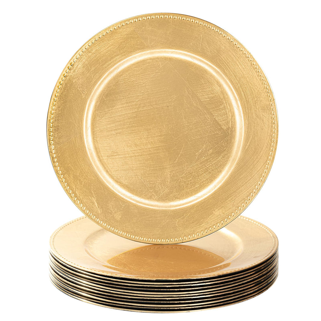 MAONAME Gold Charger Plates Set of 12, Foil 13" Plate Chargers with Beaded, Plastic Round Chargers for Dinner Plates, Table Setting