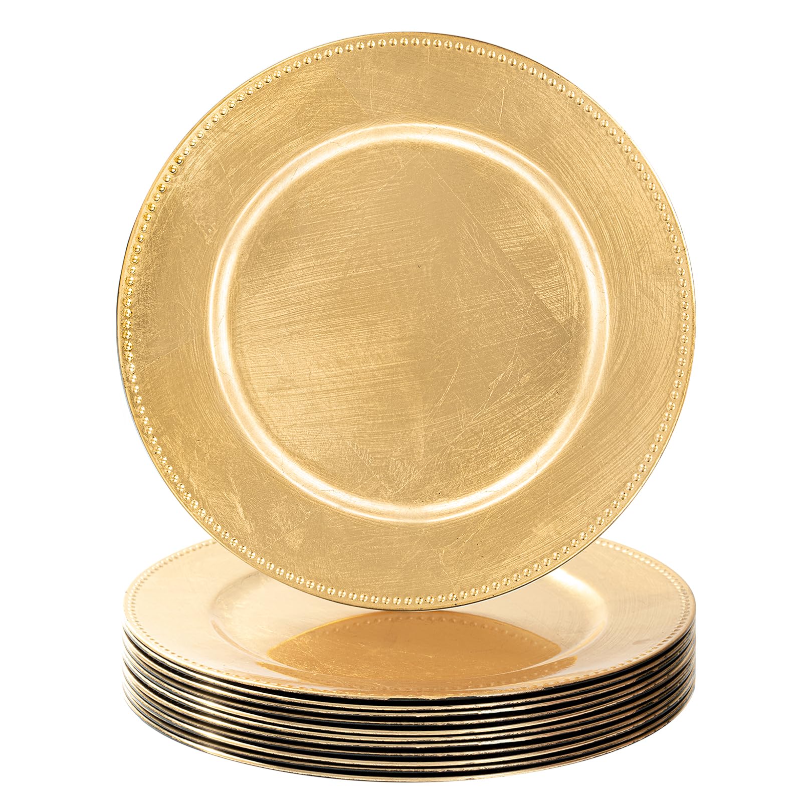 MAONAME Gold Charger Plates Set of 12, Foil 13" Plate Chargers with Beaded, Plastic Round Chargers for Dinner Plates, Table Setting