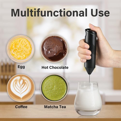 YSSOA Electric Milk Frother Handheld with Stainless Steel Stand Battery Operated Whisk Drink Mixer for Coffee, Latte, Matcha, Hot Chocolate, Black