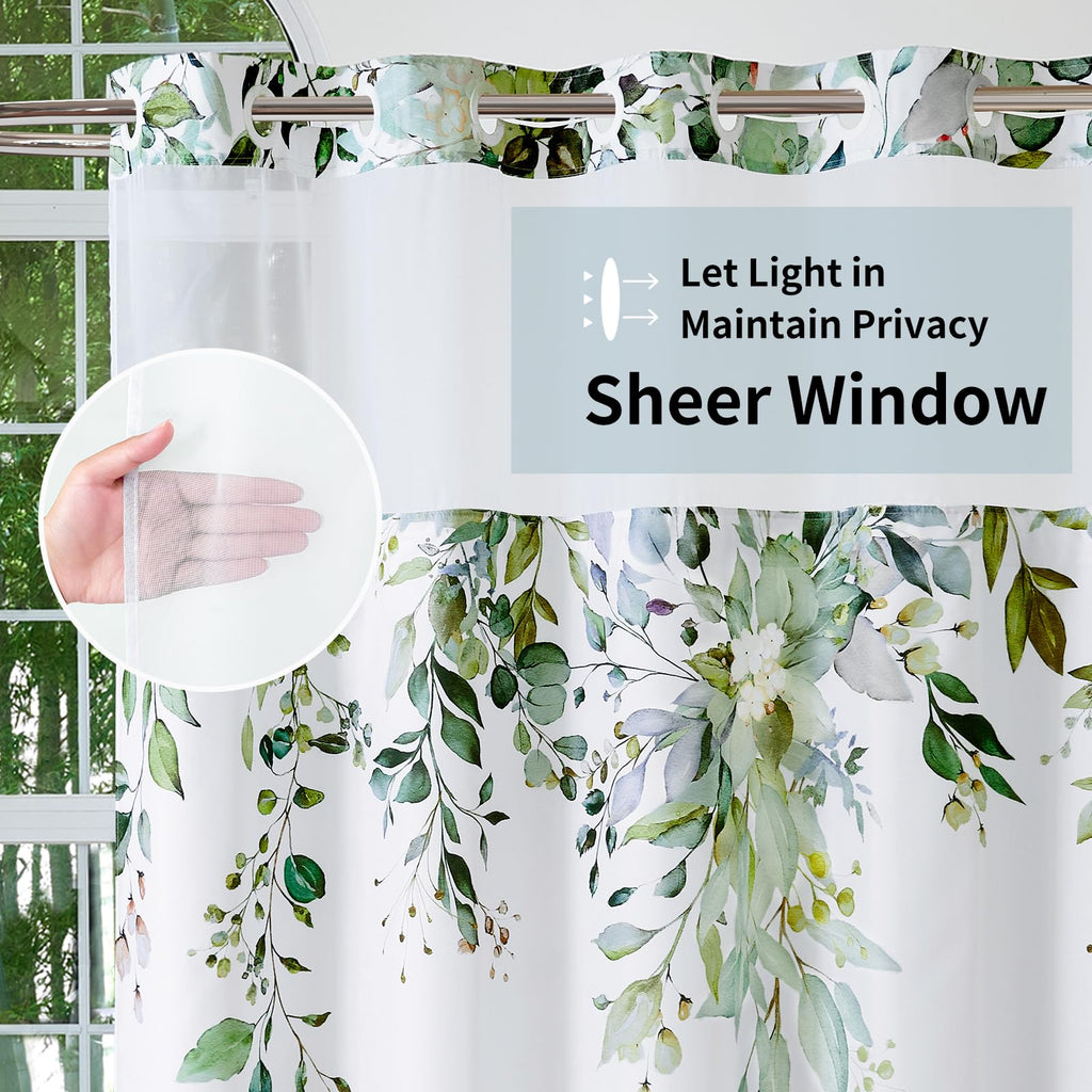QiyI No Hook Shower Curtain with Snap in Fabric Liner, Sage Green Eucalyptus Shower Curtain with See Through Top Window, Waterproof Washable Cloth Ringless Shower Curtain Set for Bathroom, 72 x 75