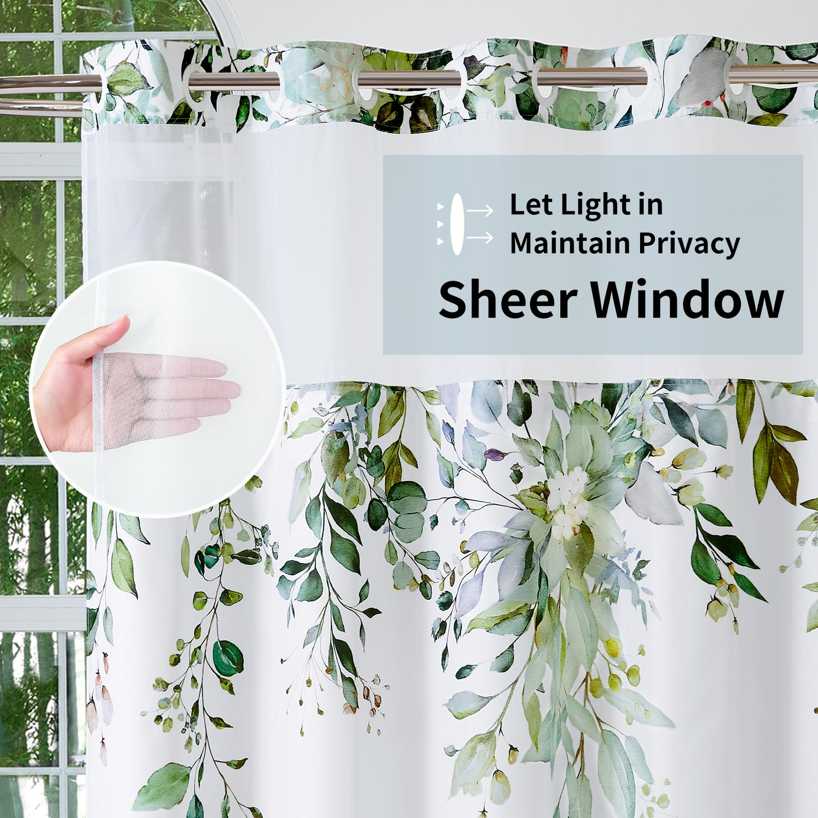 QiyI No Hook Shower Curtain with Snap in Fabric Liner, Sage Green Eucalyptus Shower Curtain with See Through Top Window, Waterproof Washable Cloth Ringless Shower Curtain Set for Bathroom, 72 x 75