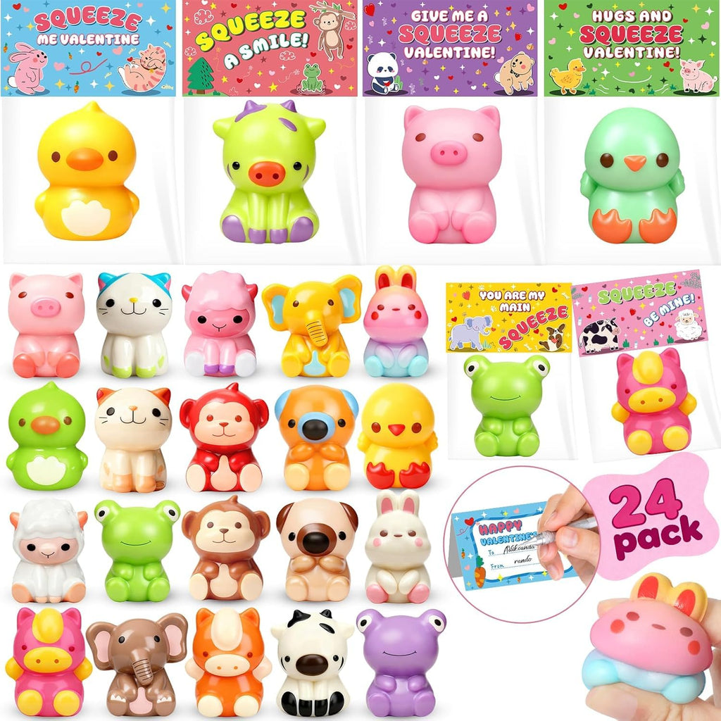 Valentines Day Cards for Kids School, 24 Pack Valentines Day Gifts for Kids, Valentines Cards with Animal Squishy Toys, Valentines Party Favors, Classroom Exchange Prizes for Boys Girls (Style 2)