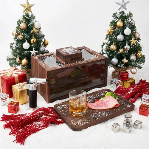 Intoo Lifes Cocktail Smoker Kit - Whiskey Smoker Kit with Smoking Gun：Black Walnut Cocktail Smoke Box, Food Tray and Wood Chips，Bourbon Old Fashioned Smoker Kit Christmas Gifts for Men，Dad（No Butane）