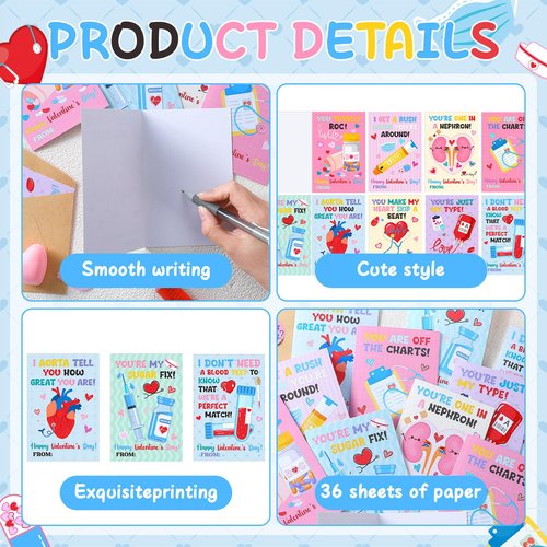 Eaasty 36 Set Funny Valentine's Day Medical Cards Valentine's Day Medical Pun Cards with Envelopes and Stickers Valentines Gifts Party Favors for Nurse Doctor Healthcare Workers