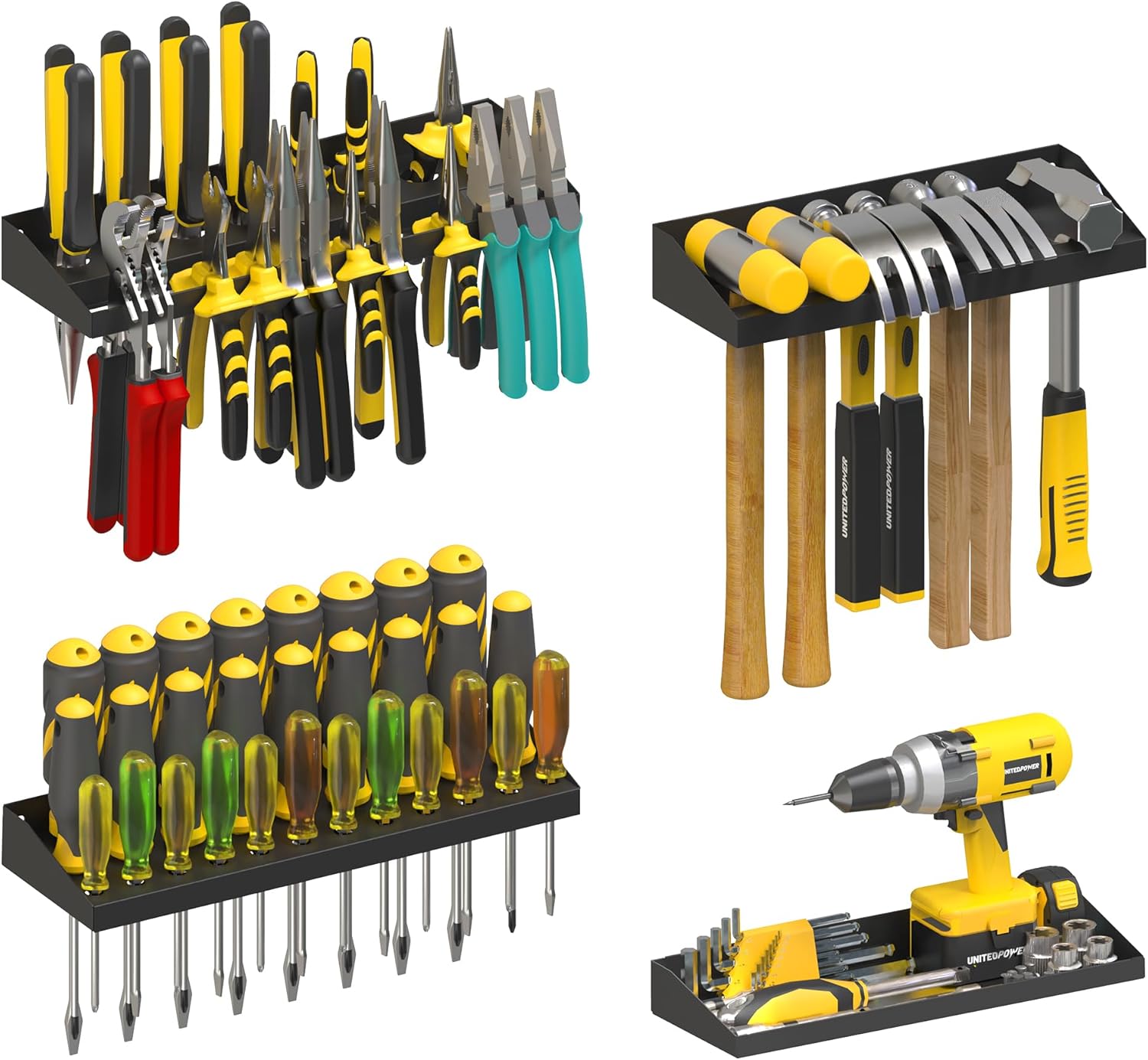 UNITEDPOWER Wall Mount Hand Tool Storage Set - Screwdriver Organizer & Pliers Holder | 4 Pack Metal Hardware Tray for Garage