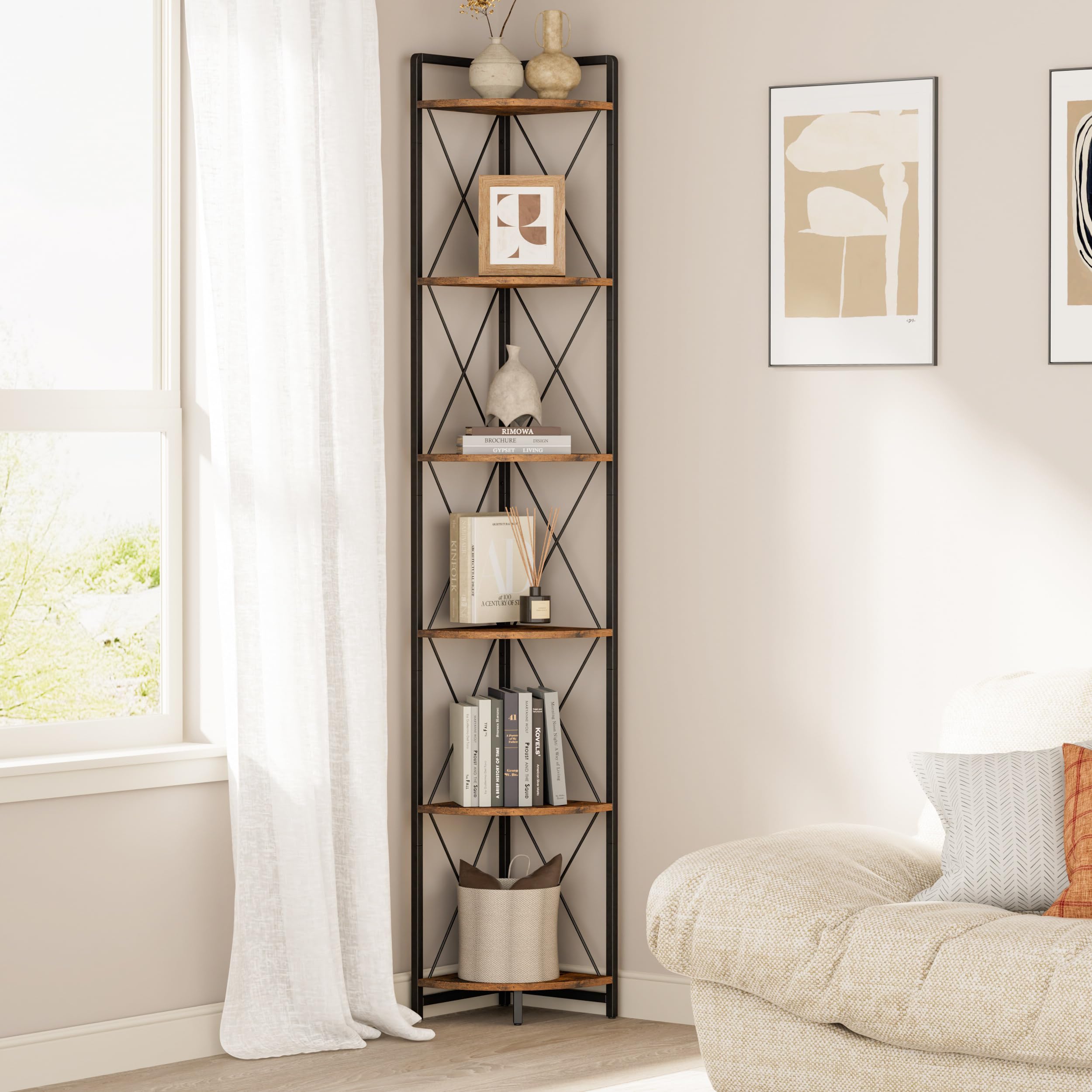 Cerlyunzan 6 Tier Corner Shelf Stand, 78" H Tall Industrial Corner Bookshelf for Living Room Decor, Metal Corner Shelf, Plant Stand Display Shelf for Bedroom, Bathroom, Small Space, Rustic Brown