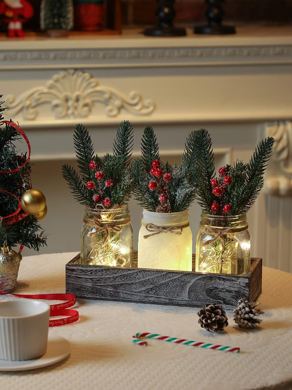Skiennix Winter Mason Jar Centerpiece - LED Lights & Artificial Plants | Set of 3 Farmhouse Decor