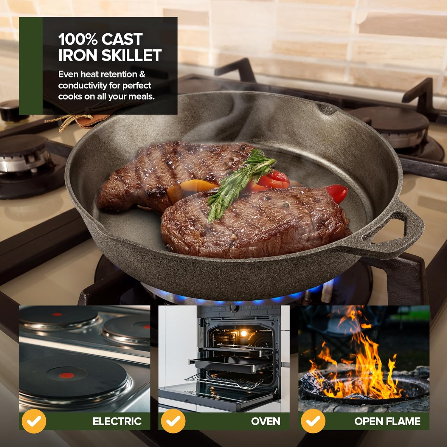 Modern Innovations 10-Inch Cast Iron Skillet - Pre-Seasoned, Heavy-Duty Non-Stick Frying Pan for Versatile Cooking
