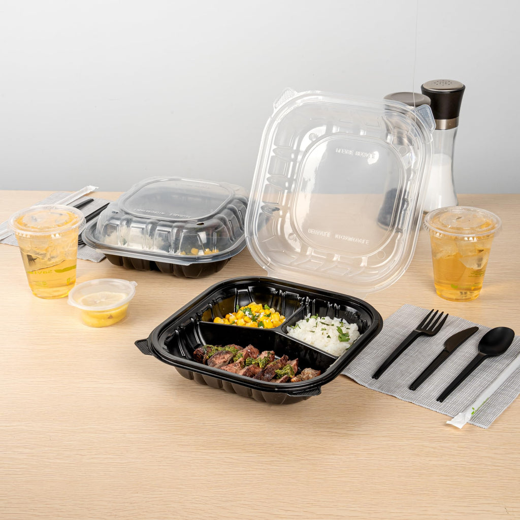 Thermo Tek 40 Ounce Clamshell Containers, 100 Disposable Take Out Boxes - 3 Compartments, Ventilated Lids, Black Plastic Meal Prep Containers, Microwavable, For Pasta Or Salads - Restaurantware