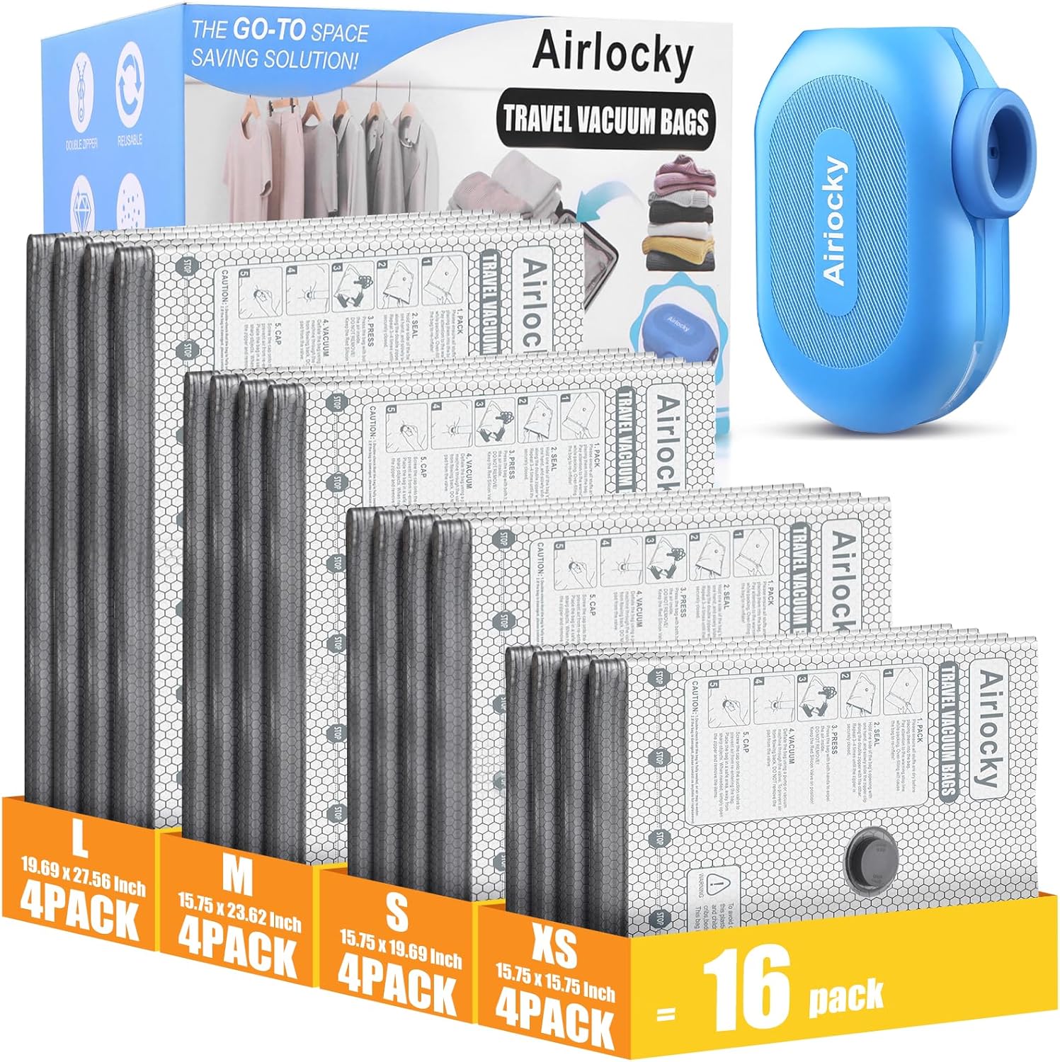 Travel Vacuum Storage Bags - 16 Pack Compression Packing Bags with Portable Electric Pump | 80% Space Saver for Luggage