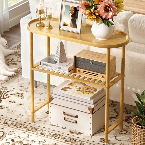 Small Entryway Table Bamboo 30.7", Narrow Hallway Table Oval Top 2-tier, Slim Console Table with Anti-fall Edge, Sofa Side Table 5min Easy Assembly, Small TV Stand for Bedroom, Indoor Plant Stand