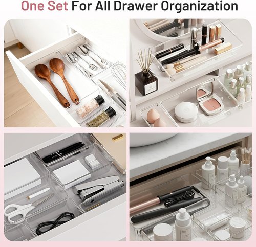 Clear Plastic Drawer Organizer Bins by Skiennix - 8 Pack Heavy Duty Storage Trays for Kitchen & Bathroom