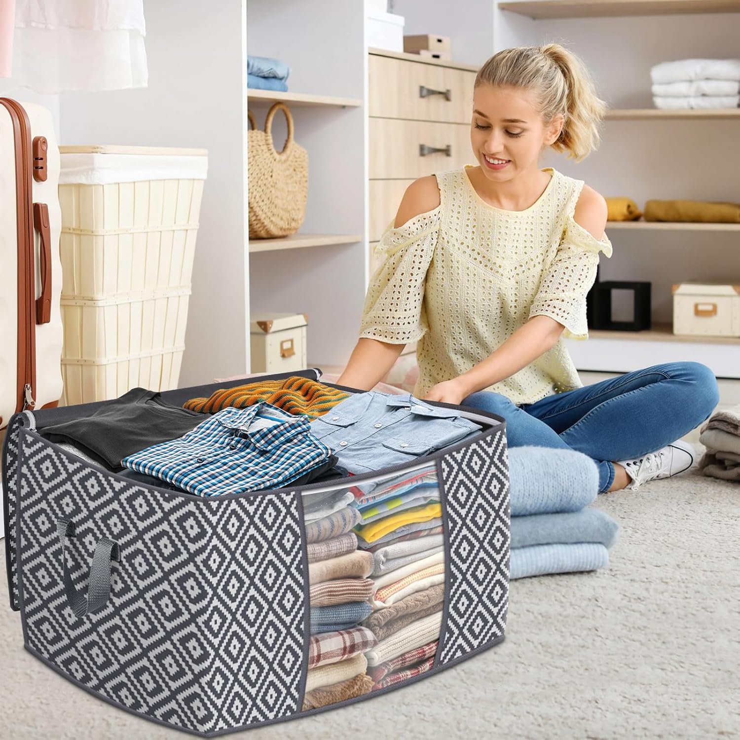 StorageTastic 100L Storage Containers - 3 Pack Foldable Bins with Reinforced Handles | Clear Window for Bedding & Clothing - Grey