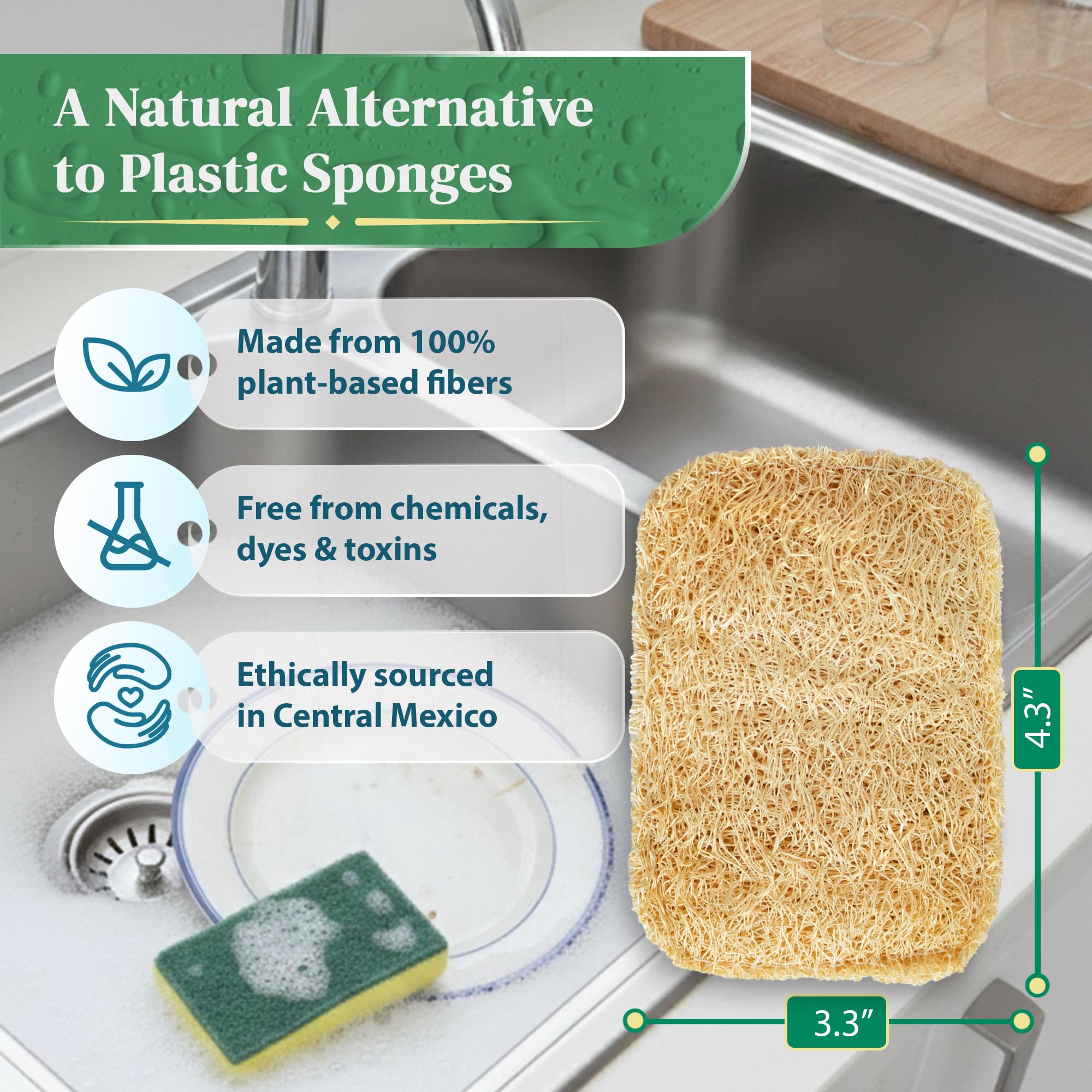 Natural Loofah Kitchen Sponge (3 Pack) - Natural Sponges for Dishes - Eco Friendly and Compostable Sponges - Biodegradable Plant Based Kitchen Dish Sponge - Plastic Free Dish Scrubber