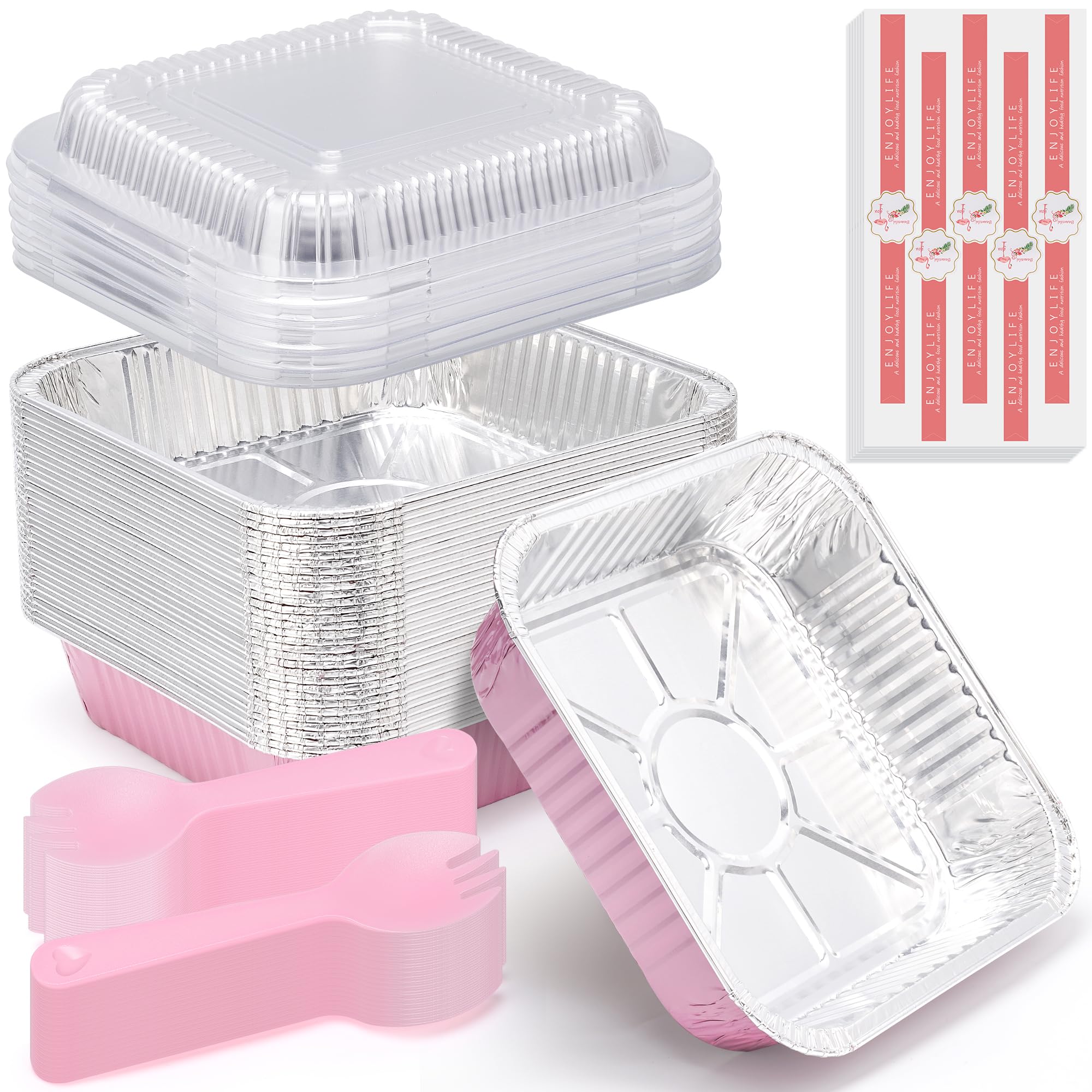 (35 Pack)Pink 8x8 Inch Disposable Aluminum Foil Pans&Square Cake Pans for Parties, Clear Plastic Lids,Eco-Friendly Baking Trays with Stickers&Cake Spoons,Picnics,Casseroles,Takeout,Recyclable Cookware