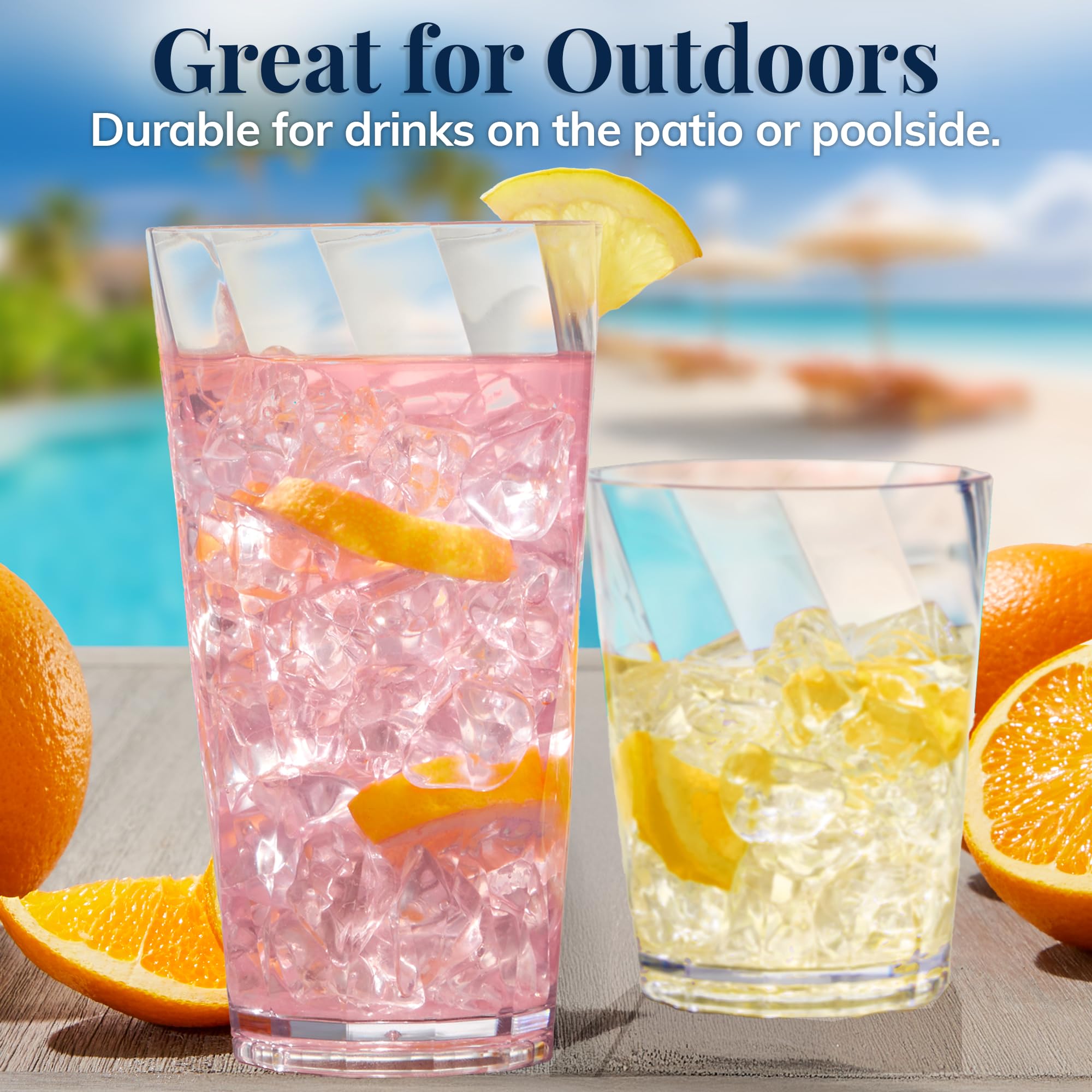 US Acrylic Optix Plastic Reusable Drinking Glasses (Set of 16) 14oz Rocks & 20oz Water Cups in Clear | BPA-Free Tumblers, Made in USA | Top-Rack Dishwasher Safe