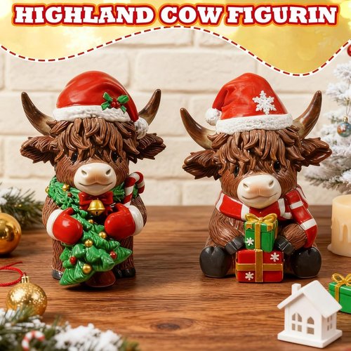Exasinine Highland Cow Figurines - Festive Christmas Decor with Santa Hat & Candy Cane | 2 Pcs Set