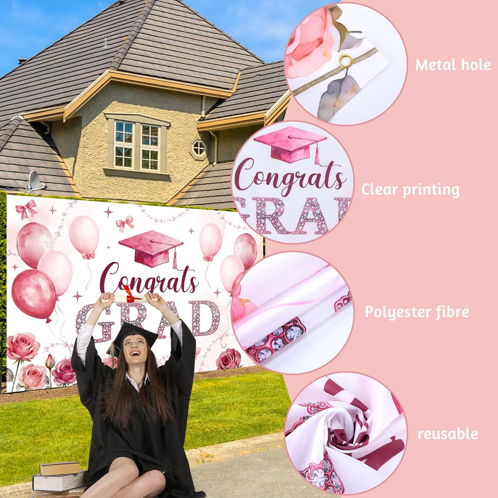 Regine Switzerland Pink Bow Graduation Decorations - 22PCS Party Supplies with Banner & Balloons
