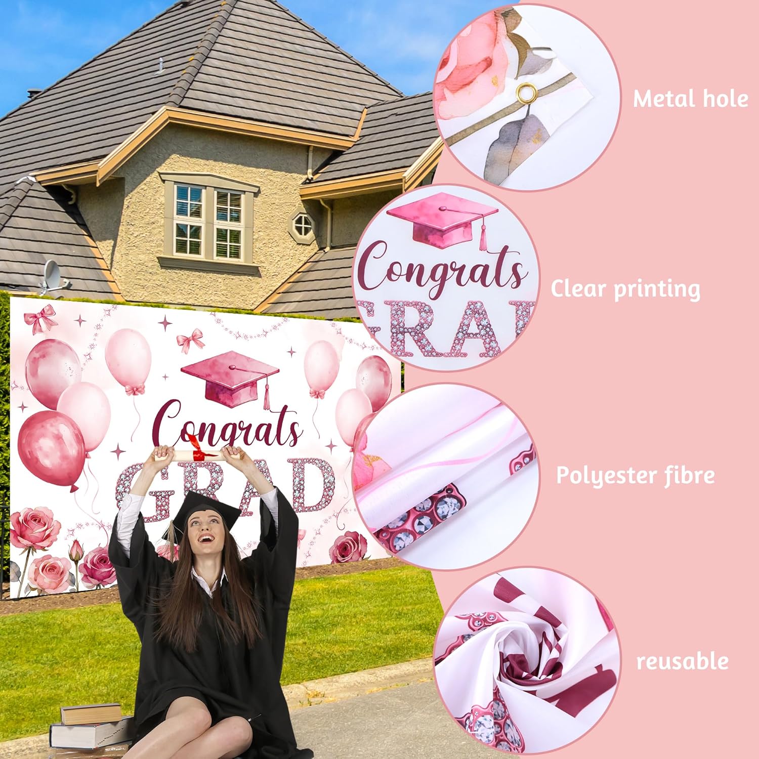 Regine Switzerland Pink Bow Graduation Decorations - 22PCS Party Supplies with Banner & Balloons