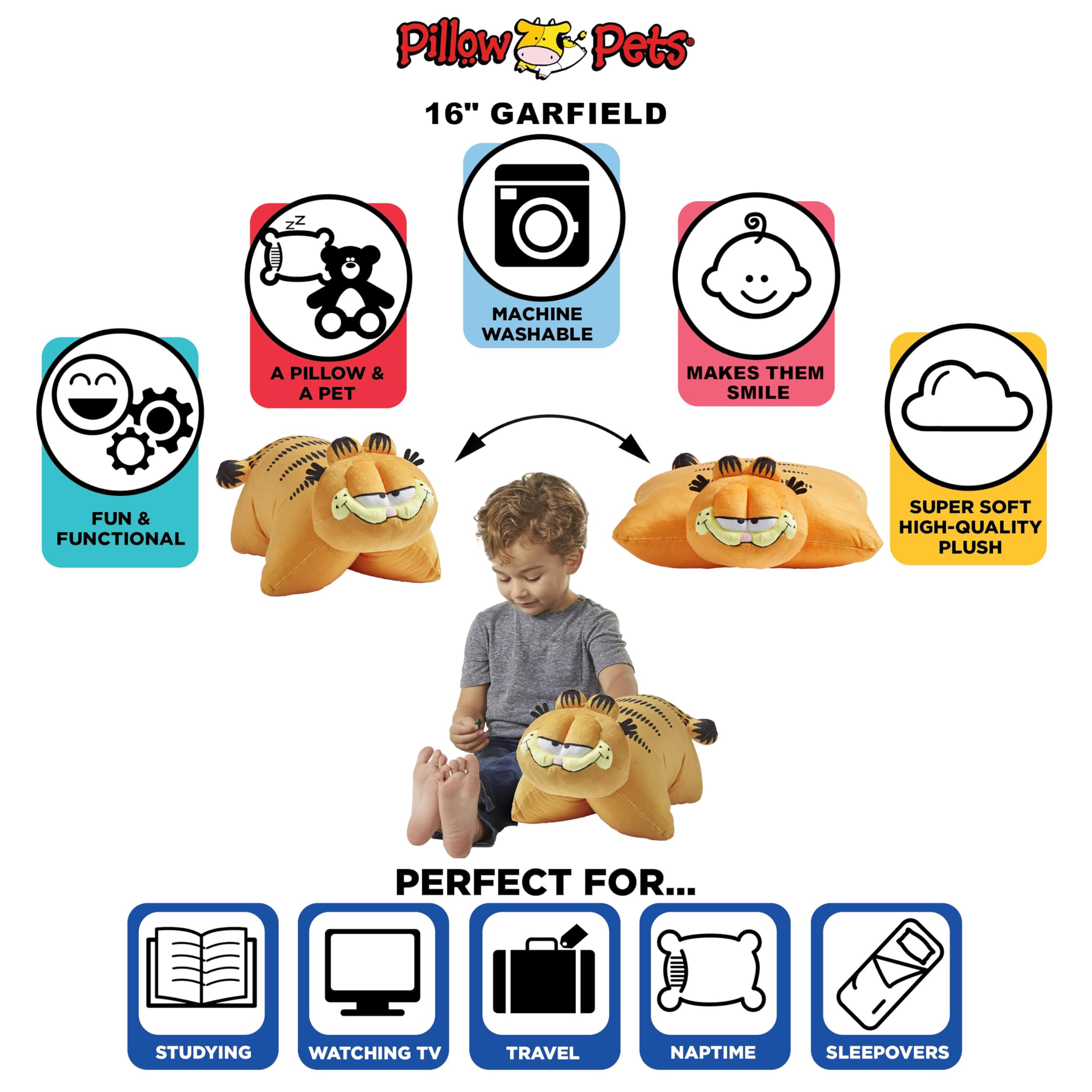 Pillow Pets Garfield Stuffed Animal 17 Inch Travel Size Airplane Plush Machine Washable Plushie Gift for Toddlers, Kids, and Teens