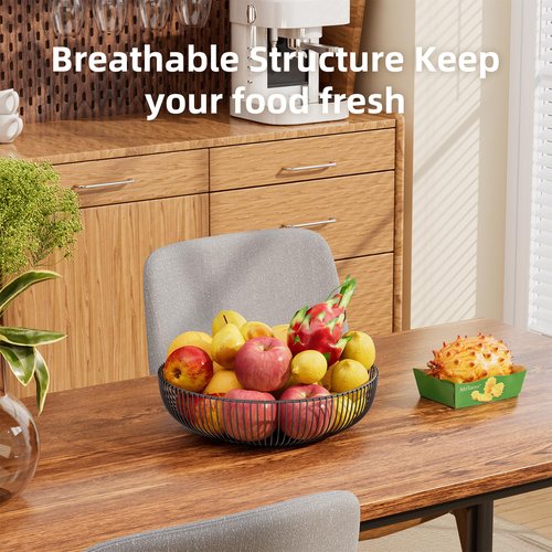 Simple Trending Round Metal Fruit Basket Bowl for Kitchen Counter - Rust-Proof, Non-Slip & Breathable Wire Organizer for Fruits, Veggies, Snacks, Black (11“ Diameter x 3.2” H)