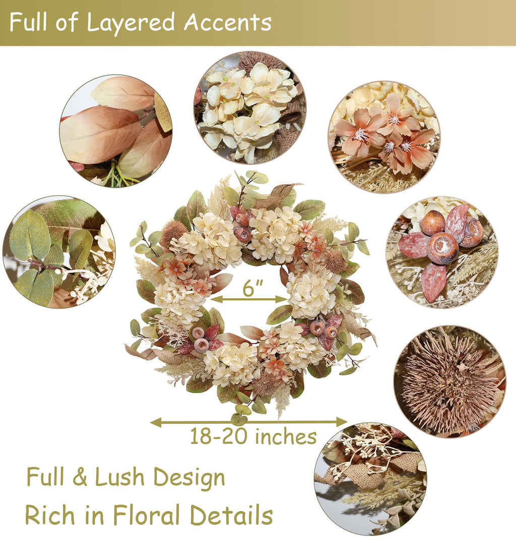 BINFEN 18 Inch Lush Fall Wreath for Front Door, Boho Brown Outdoor Wreath with Faux Dried Hydrangea Pampas Burlap & Flowers, Farmhouse Fall Winter Thanksgiving Harvest Décor