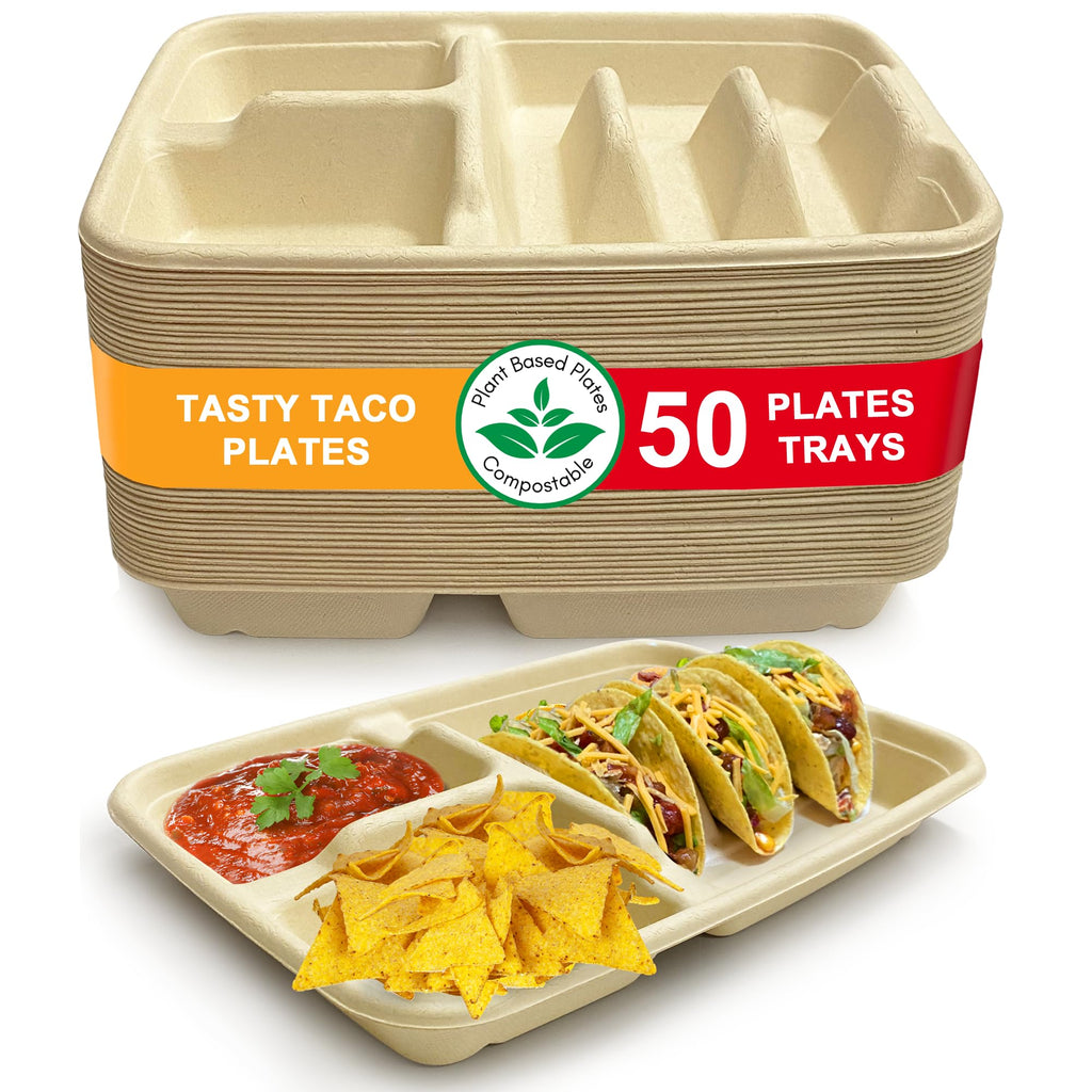 3-Tacos & 2-Sides Taco Plates, Disposable Paper Plates with Dividers – 50 PACK | Taco Tray for Party, Fiesta Taco Holder, Taco Stand for Taco Tuesday & Taco Bar, Microwave-Safe Taco Plates (50 Plates)