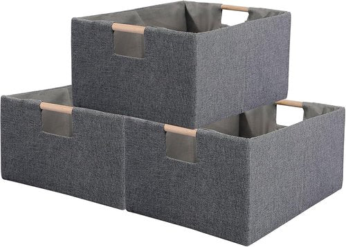 Fabric Storage Bin 3-Pack | Foldable Cotton Linen Baskets with Wooden Handles - Small Gray