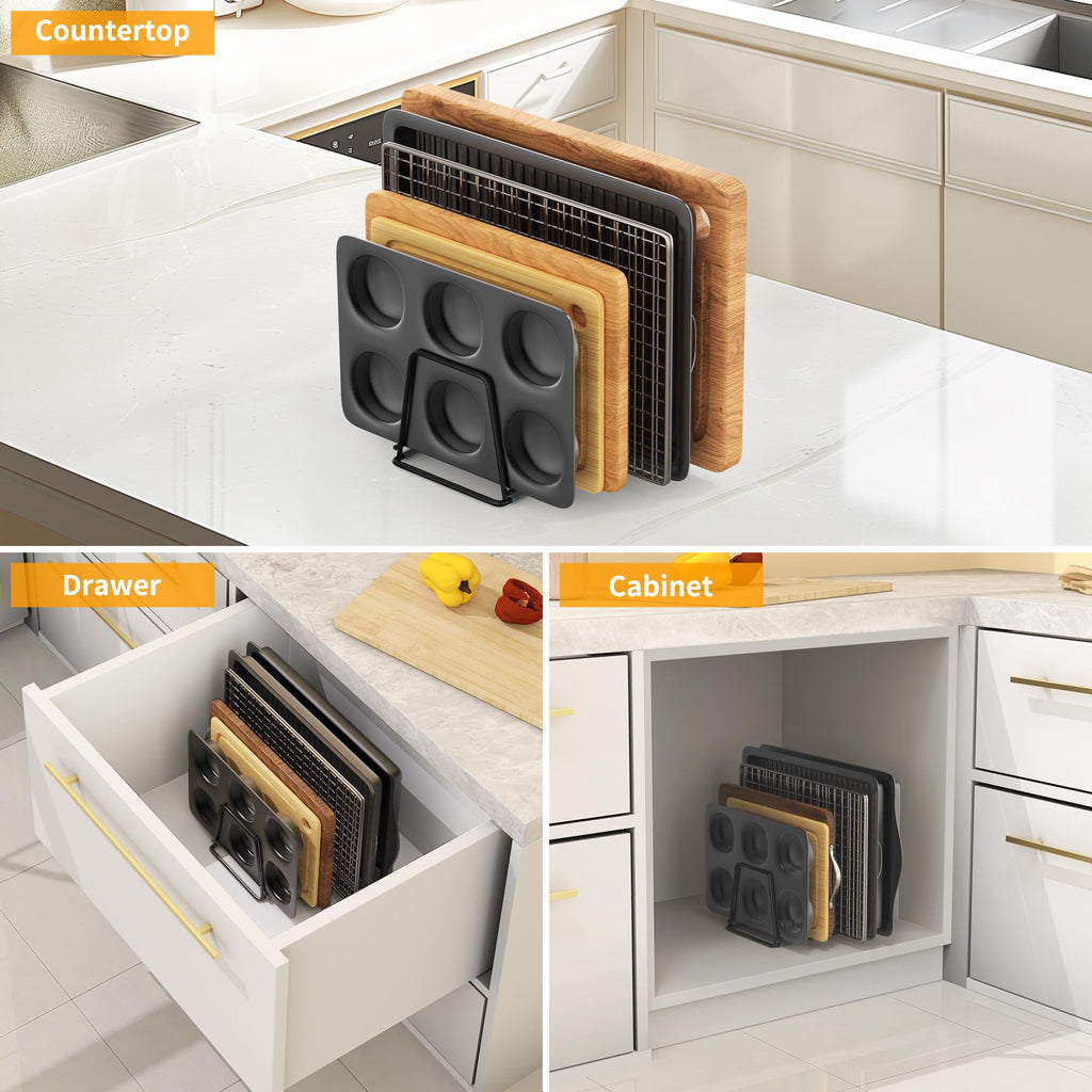 LAEMYFYRE Cutting Board Organizer Kitchen Organizer Rack for Cutting Board, Bakeware, and Cookie Sheet, 5-Slot Heavy-Duty Steel Cookware Holder,Rust-Resistant with Anti-Slip Feet (1, Small)